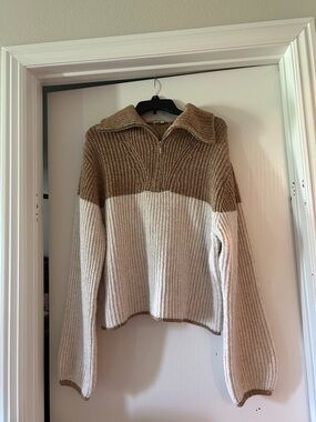 Z Supply Two-Tone Knit Quarter-Zip Sweater in Camel and Cream